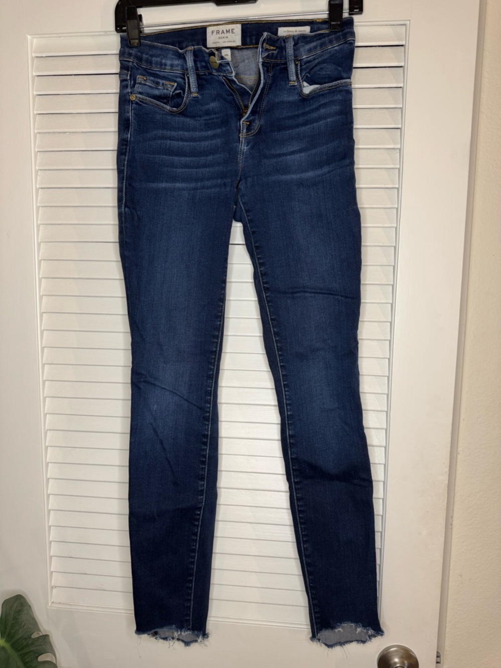 Frame Denim Indigo Skinny Jeans with Raw Hem